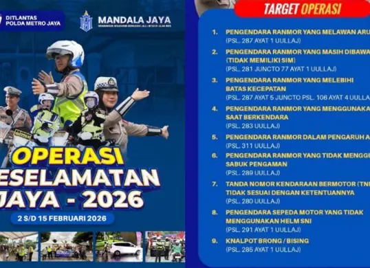 Operasi Keselamatan Jaya 2026 resmi dimulai hari ini, 2-15 Februari oleh Polda Metro Jaya, ini 9 pelanggaran utama dan titik lokasi razia di Jakarta. (Sumber: Instagram/@tmcpoldametro)
