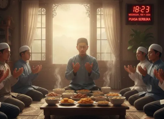 Umat muslim menengadahkan tangan berdoa menjelang waktu berbuka puasa pada bulan Ramadhan. (Sumber: Gemini AI)