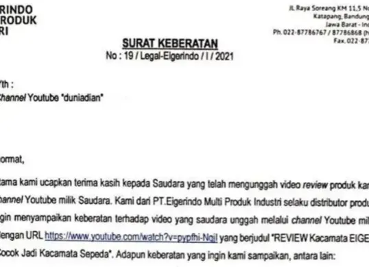 Tangkapan layar isi surat keberatan Eiger kepada konten kreator (Sumber: Thread/@gladystrisnawati)