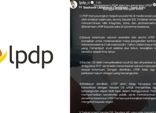 Tangkapan layar pernyataan resmi LPDP mengenai isu kewajiban pengabdian salah satu alumni yang tengah menjadi sorotan publik. (Sumber: Instagram/@lpdp_ri)