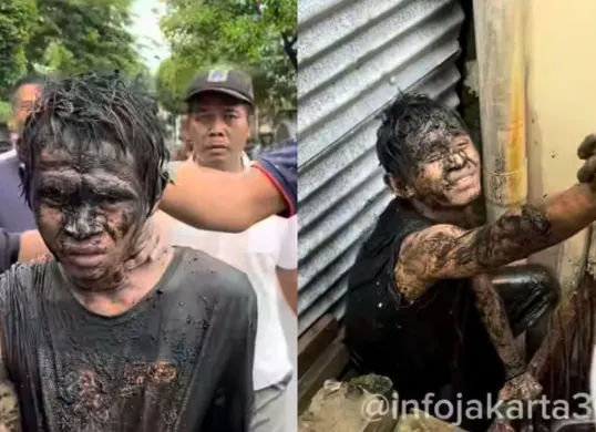 Pencuri pompa air di Kebon Jeruk, Jakarta Barat bersembunyi ke gorong-gorong untuk hindari kejaran warga. (Sumber: Instagram @infojakarta30)
