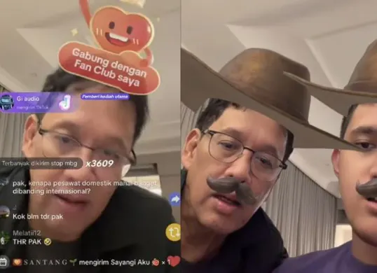 Momen Menkeu Purbaya tampil santai saat live TikTok bersama anaknya Yuda Purboyo berujung disawer warganet. (Sumber: TikTok/@waaveee.id)