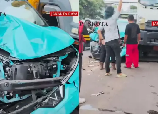 Taksi listrik Green tabrak minibus hingga sepeda motor di Gunung Sahari, Jakarta Pusat. (Sumber: tangkapan layar)