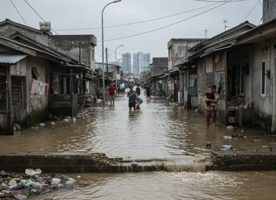Ilustrasi banjir rob di kawasan pesisir Jakarta. (Sumber: Gemini AI)