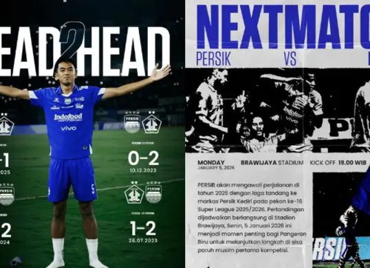 Saksikan laga panas Persik Kediri vs Persib Bandung BRI Liga 1 malam ini, Senin 5 Januari 2026, pukul 19.00 WIB. (Sumber: Instagram/@persib)