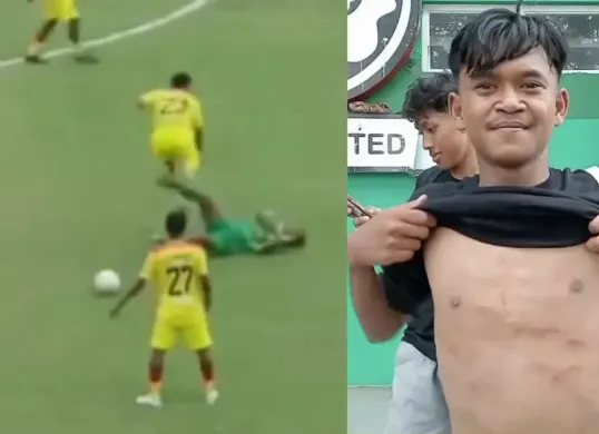 Momen evakuasi Firman Nugraha setelah insiden benturan keras dalam pertandingan Liga 4 Jawa Timur yang memicu sorotan publik terhadap sportivitas pemain. (Sumber: Dok/PSSI Jawa Timur)