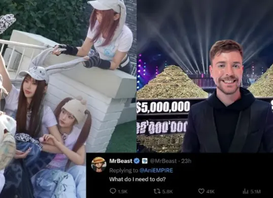 Fans NewJeans ramai menyerukan MrBeast untuk membeli HYBE setelah Danielle keluar dari grup. Responsnya jadi sorotan. (Sumber: Instagram/@newjeans_official @mrbeast)