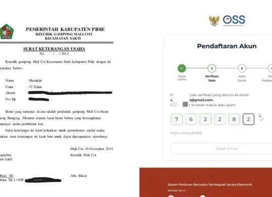 Contoh SKU di kantor kelurahan sebagai syarat pengajuan Kredit Usaha Rakyat (KUR) BRI dan web oss.go.id untuk pembuatan NIB (Sumber: Dok/oss.go.id dan accurate.id)