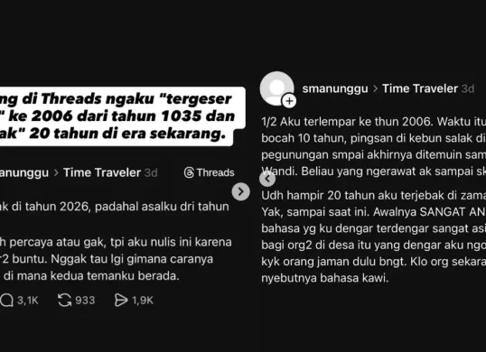 Tangkapan layar utas Akun Smanunggu di Threads yang mengklaim sebagai penjelajah waktu dari tahun 1035 Masehi dan viral di media sosial. (Sumber: Instagram/@skrinsit)