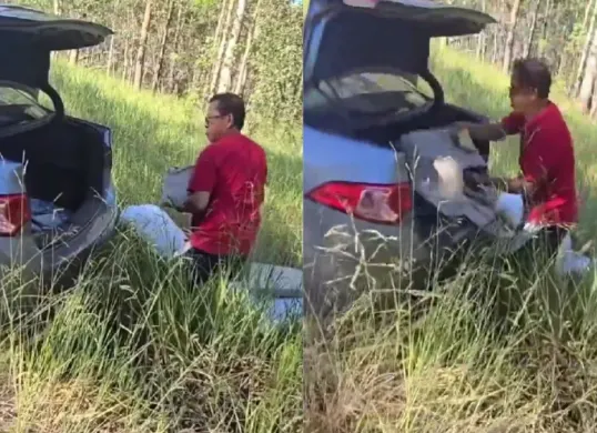 Warga Indonesia kepergok membuang sampah sembarangan di kawasan hutan lindung Australia sebelum ditegur dan diminta memungut kembali oleh warga lokal. (Sumber: X/@Sammisoh)