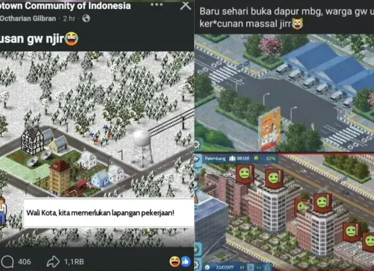 Tampilan kota virtual buatan pemain Indonesia di game Theotown yang viral di media sosial awal 2026. (Sumber: Facebook/Thetown Indonesia)