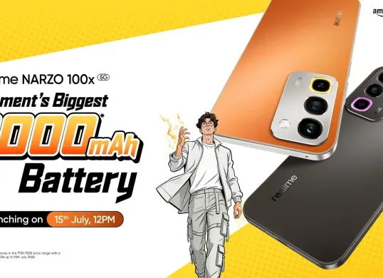Realme Narzo 100x 5G hadir membawa baterai 8.000mAh, layar 144Hz, chipset Dimensity 6300, serta fitur AI Google Gemini yang menyasar segmen smartphone kelas menengah. (Sumber: Realme)
