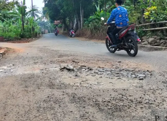 Ruas jalan Cimedang-Cisaat di Desa Alaswangi, Kecamatan Menes, Pandeglang, yang dibangun melalui program Bang Andra terlihat sudah rusak. (Sumber: Poskota/Samsul Fatoni)