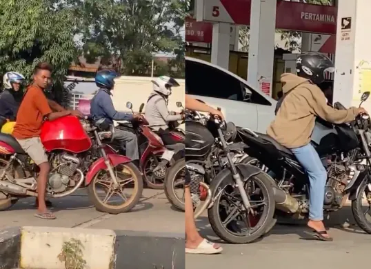 Potret pengguna motor Thunder Modifikasi yang mengatre di jalur BBM Subsidi. (Sumber: X/@Heraloebs)