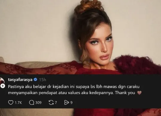 Tasya Farasya meminta maaf setelah unggahannya dikaitkan dengan keputusan Bunga Sartika mundur sebagai host konten. (Sumber: Threads/@tasyafarasya)