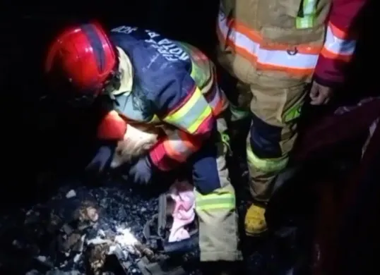 Petugas Damkar saat mengevakuasi tubuh balita berinisial Z, yang meninggal dunia akibat kebakaran di sebuah kontrakan, Kelurahan Tegallega, Kecamatan Bogor Tengah Kota Bogor, Kamis, 5 Maret 202 kemarin. (Sumber: Damkar Bogor)