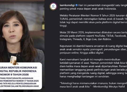 Komdigi menerapkan aturan baru yang membatasi akses platform digital bagi anak di bawah 16 tahun. (Sumber: Instagram/@kemkomdigi)