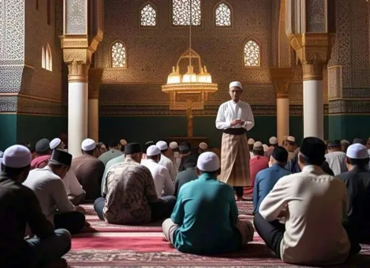 Suasana umat Muslim melaksanakan i’tikaf di masjid pada 10 hari terakhir bulan Ramadhan untuk memperbanyak ibadah dan mencari malam Lailatul Qadar. (Sumber: Pinterest)