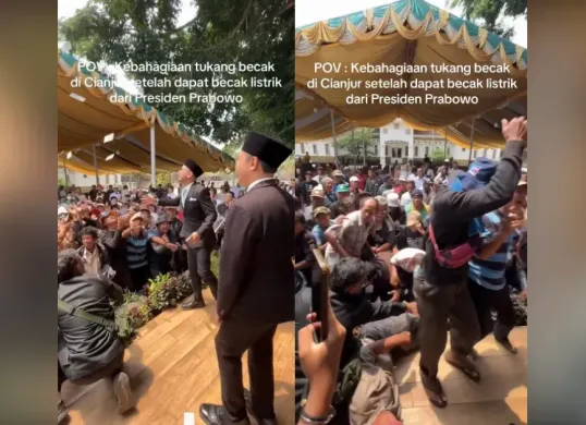 Momen Bupati dan pejabat Cianjur nyawer tukang becak saat bagi-bagi sepeda listrik, Kamis (01/10/2026) (Sumber: Dok. Threads/@zizekian.malang)