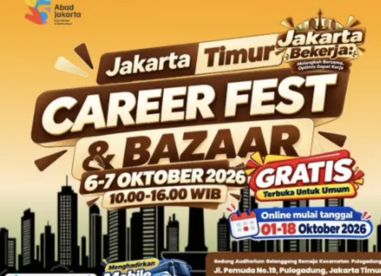 Jakarta Timur Career Fest & Bazaar Gelombang II 2026 digelar secara hybrid untuk mempertemukan pencari kerja dengan perusahaan serta menghadirkan informasi pelatihan kerja. (Sumber: Karir Jakarta)