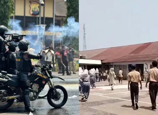 Siswa terpapar gas air mata dari latihan penanganan demo Polres Cilegon (Dok. Threads/@anakbanten.ai)
