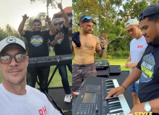 DJ Diplo menikmati permainan musik koplo DJ Habib Gunjat asal Kendari dalam sebuah acara di Bali. Momen tersebut dibagikan melalui media sosial dan mendapat respons dari Wiz Khalifa. (Sumber: Instagram/@diplo)