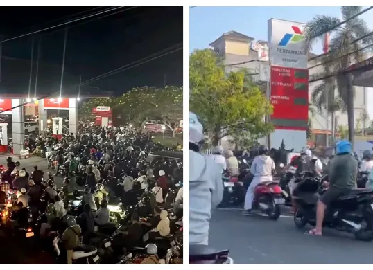Antrean panjang terjadi di sejumlah SPBU Bali akibat stok Pertalite dan Pertamax terbatas (Sumber: X/@atokdalangs4)
