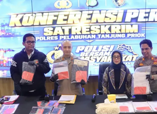 Konferensi pers penetapan tersangka kasus TPPO ABK KM Maulana 23, di Polres Pelabuhan Tanjung Priok, Kamis, 15 Oktober 2026. (Sumber: Polres Pelabuhan Tanjung Priok)