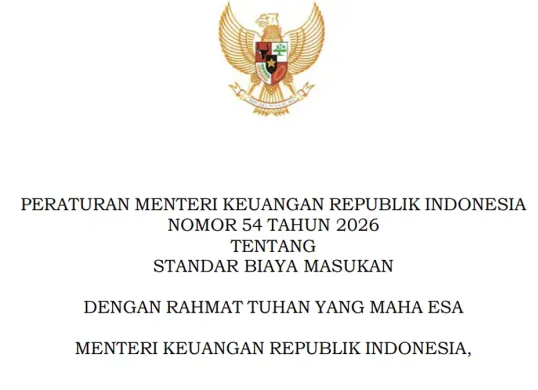 Dokumen PMK Nomor 54 Tahun 2026 tentang Standar Biaya Masukan menjadi acuan penyusunan anggaran kementerian dan lembaga untuk tahun anggaran 2027. (Sumber: Kemenkeu PDF)