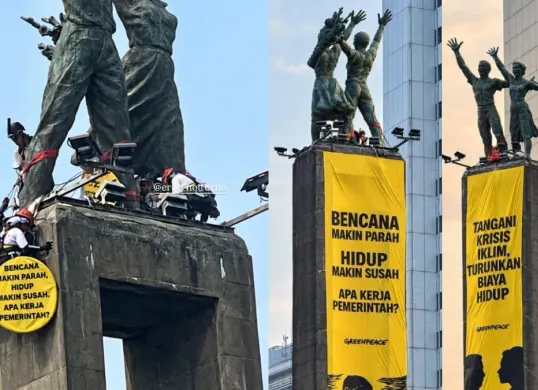 Potret aksi Greenpeace Indonesia di Bundaran Hotel Indonesia (HI), Selasa, 20 Oktober 2026. (Sumber: X/@GraphAI_Net)