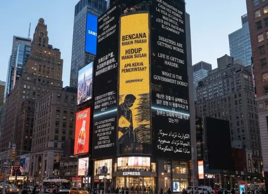 Netizen mengusulkan patungan Rp10.000 untuk menayangkan pesan Greenpeace di Times Square, New York. (Sumber: Threads/@kasitau.jakarta)