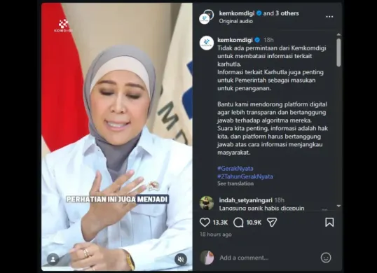 Menkomdigi, Meutya Hafid tegaskan tidak ada upaya dan permintaan takedown konten terkait karhutla, Rabu (21/102026). (Sumber: Dok. Instagram/@kemkomdigi)