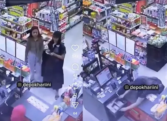 Dua wanita muda mencuri uang kasir toko minimarket di Pengasinan Sawangan, Kota Depok, Jawa Barat. (Sumber: Instagram/@depokhariini)