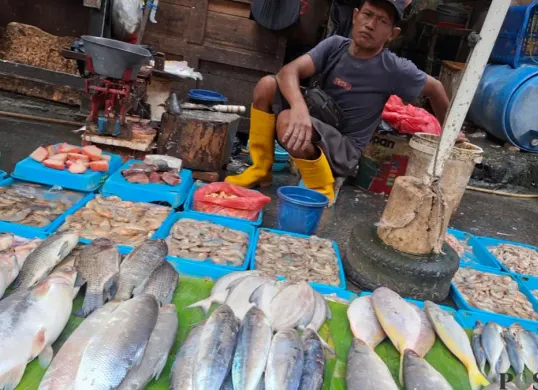 Iman, pedagang ikan basah laut di Pasar Kebayoran Lama hanya bisa melihat dagangannya yang masih banyak karena harga naik dan sepi peminat. (Sumber: Poskota/Angga)