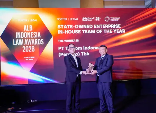 PT Telkom Indonesia (Persero) Tbk meraih penghargaan “State-owned Enterprise In-House of The Year” dalam ajang ALB Indonesia Law Awards 2026 di Jakarta. (Sumber: Dok. Telkom)