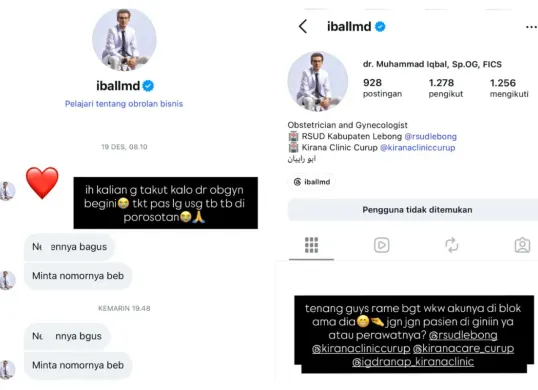 Nama dokter Muhammad Iqbal, Sp.OG, menjadi sorotan setelah selebgram Leona Kanza mengungkap pengalamannya soal pesan yang dinilainya tidak pantas. (Sumber: Instastory/@leonakanza_17)