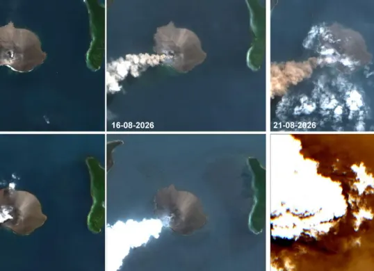Tampilan citra Teknologi Penginderaan Jarak Jauh memperlihatkan perubahan-perubahan yang terjadi pada Gunung Anak Krakatau. (Sumber: BIG)