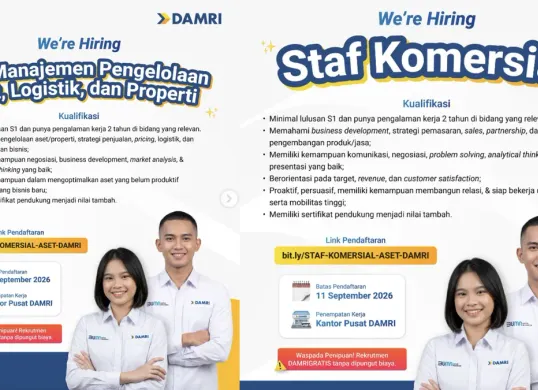 Perum DAMRI kembali membuka lowongan kerja 2026 untuk posisi Staf Komersial serta Staf Manajemen Pengelolaan Aset, Logistik, dan Properti. (Sumber: Instagram/@damri)