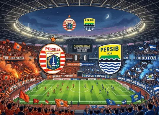 Jadwal Persija vs Persib pada pekan kedua Super League 2026/2027 akan berlangsung Sabtu, 12 September 2026. (Sumber: Generate AI)