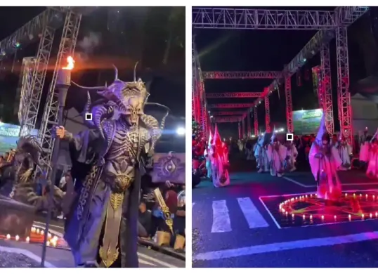 Visual sejumlah peserta Simbang Kulon Night Carnival 2026 menjadi sorotan di media sosial hingga muncul anggapan mengenai adanya unsur ritual satanic dalam pertunjukan. (Sumber: X/@ferizandra)