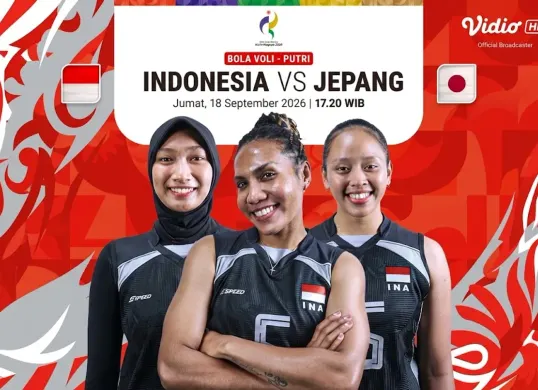 Pertandingan Timnas voli putri Indonesia vs Jepang di Asian Games 2026 dapat disaksikan melalui siaran langsung hari ini, Jumat, 18 September 2026, mulai pukul 17.20 WIB. (Sumber: X/@VidioSports)
