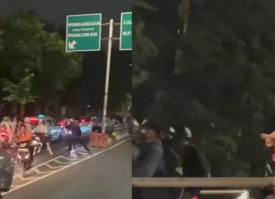 Beredar di media sosial sebuah video konvoi sejumlah pemuda mengendarai sepeda motor sambil membawa senjata tajam (sajam) di Flyover Kalibata City, Pancoran, Jakarta Selatan. (Sumber: Istimewa)