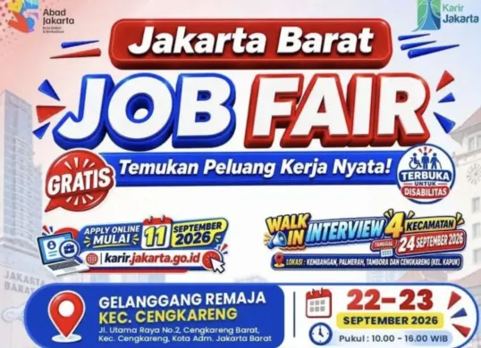 Job Fair Jakarta Barat 2026 menghadirkan berbagai perusahaan dan lowongan kerja bagi pencari kerja di Jakarta Barat. (Sumber: instagram/@sudinakertransgijakbar.