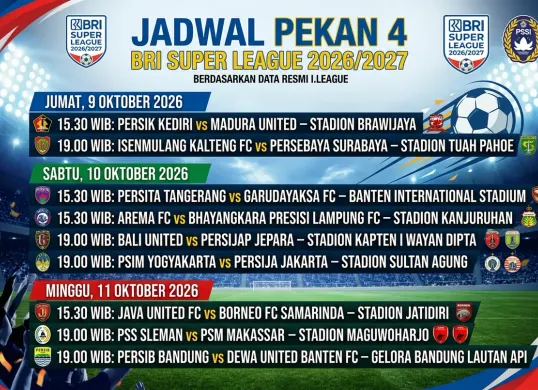 Jadwal Pekan 4 BRI Super League 2026/2027 akan kembali bergulir pada Oktober 2026. (Sumber: Generated AI)
