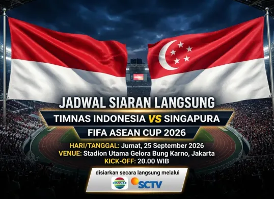 Jadwal siaran langsung Timnas Indonesia vs Singapura di FIFA ASEAN Cup 2026. (Sumber: Generated AI)