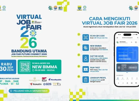 Virtual Job Fair 2026 Kota Bandung digelar secara online melalui New BIMMA pada 30 September 2026. Pencari kerja dapat mengakses lowongan dan mengajukan lamaran secara digital. (Sumber: Instagram/@bdg.disnaker)