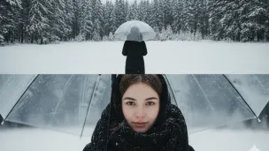 Hasil edit foto perempuan di tengah salju saat musim dingin pakai prompt Gemini AI. (Sumber: Gemini AI)