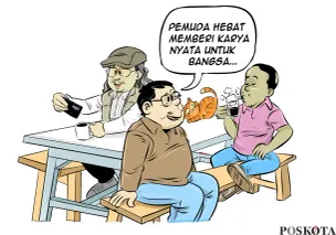 Ilustrasi Obrolan Warteg edisi Hari Sumpah Pemuda — para sahabat berdiskusi santai tentang makna perjuangan sejati dan pentingnya karya nyata generasi muda bagi kemajuan bangsa. (Sumber: Poskota/Arif Setiadi)