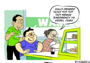 Ilustrasi obrolan di warteg menyinggung keresahan masyarakat soal sirine dan strobo kendaraan yang kerap dipakai tidak pada kondisi darurat. (Sumber: Poskota/Arif Setiadi)