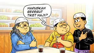 Ilustrasi Obrolan Warteg terkait wacana war tiket haji. (Sumber: Poskota/Arif Setiadi)